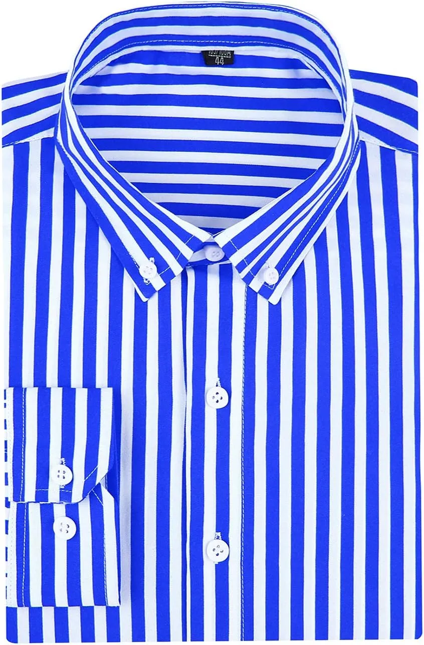 DOKKIA Men's Casual Long Sleeve Vertical Striped Button Down Dress Shirt