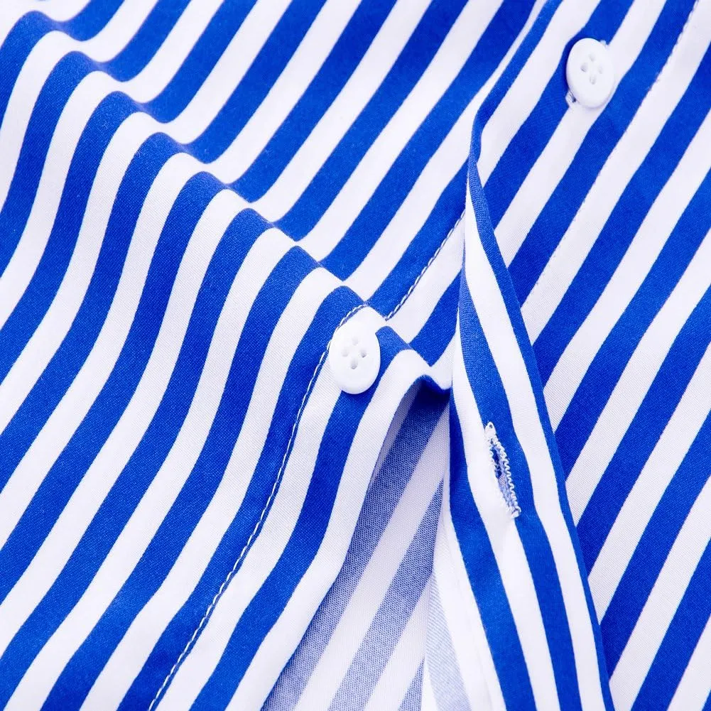 DOKKIA Men's Casual Long Sleeve Vertical Striped Button Down Dress Shirt