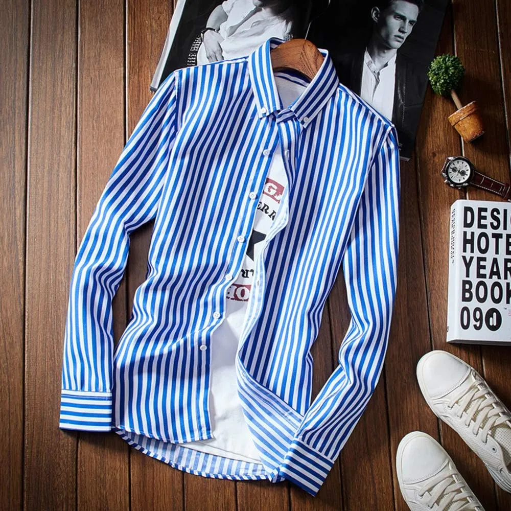 DOKKIA Men's Casual Long Sleeve Vertical Striped Button Down Dress Shirt