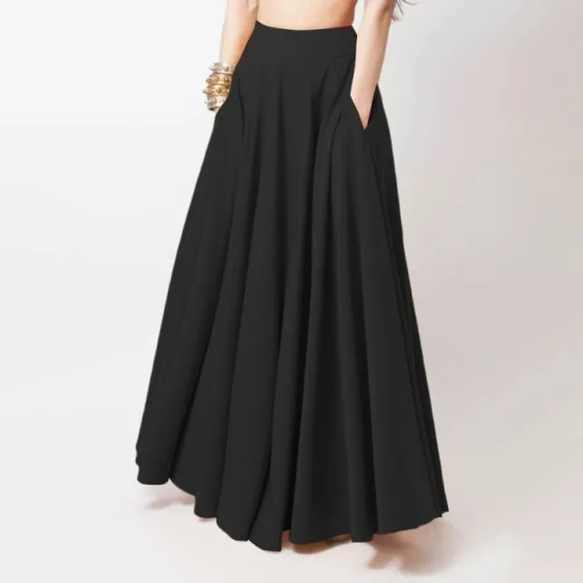 Elegant High-Waist Solid Loose A-Line Maxi Skirt