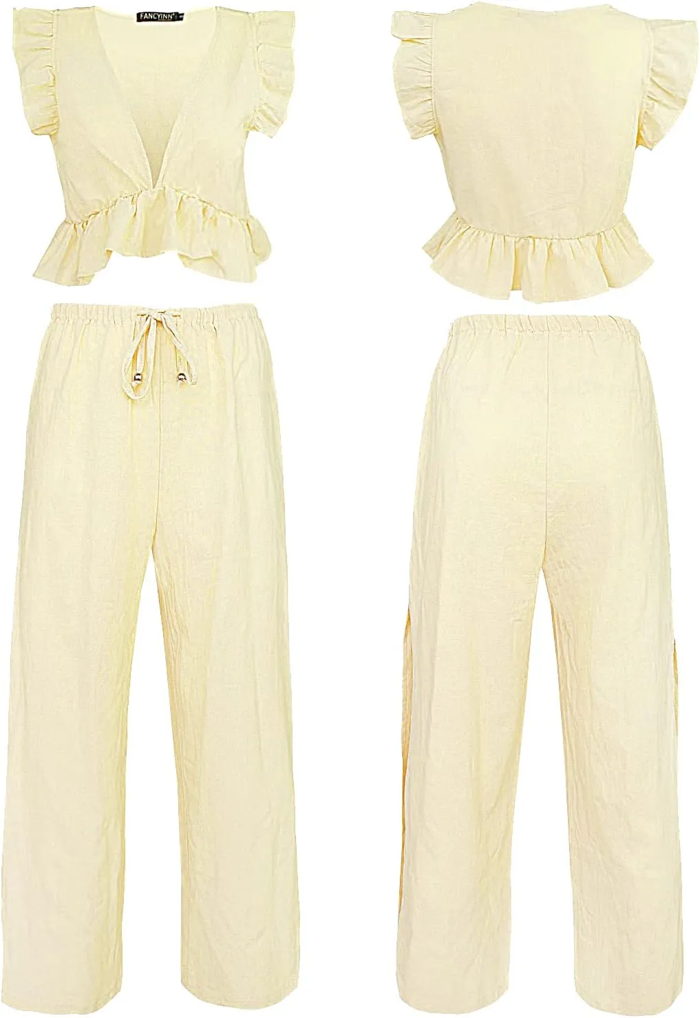 FANCYINN Womens 2 Pieces Outfits Deep V Neck Crop Top Side Slit Drawstring Wide Leg Pants Set Jumpsuits