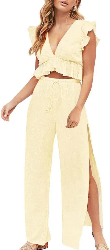 FANCYINN Womens 2 Pieces Outfits Deep V Neck Crop Top Side Slit Drawstring Wide Leg Pants Set Jumpsuits