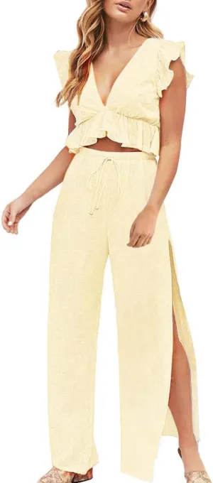 FANCYINN Womens 2 Pieces Outfits Deep V Neck Crop Top Side Slit Drawstring Wide Leg Pants Set Jumpsuits