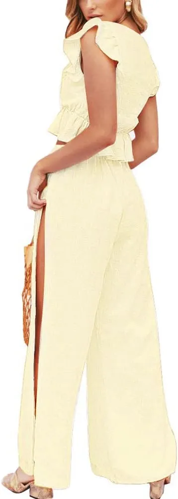 FANCYINN Womens 2 Pieces Outfits Deep V Neck Crop Top Side Slit Drawstring Wide Leg Pants Set Jumpsuits