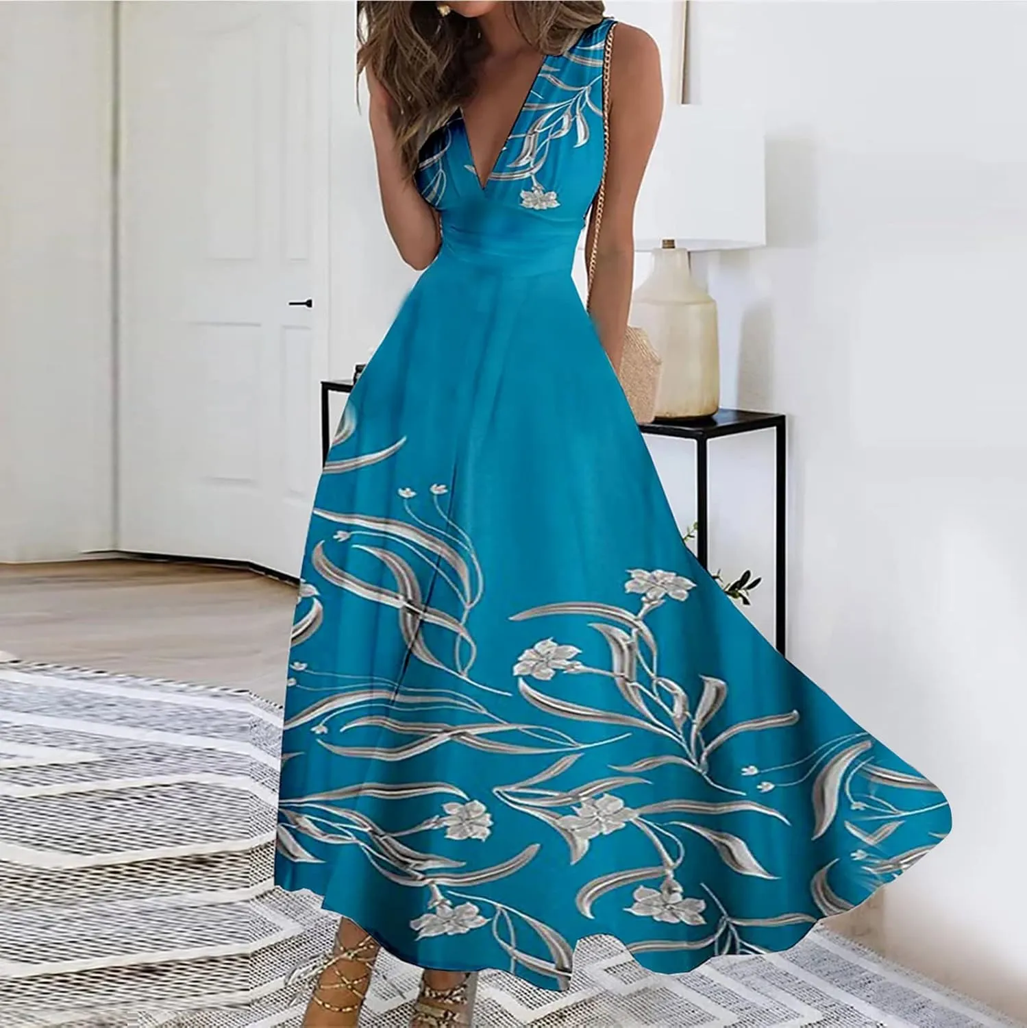 FlekmanArt Womens Dresses Sleeveless Wrap V Neck Beach Dress Flowy Ruched Floral Print Maxi Dress Trendy Boho Dress