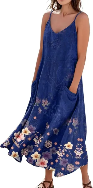 FlekmanArt Women's Summer Cotton Linen Long Maxi Dress Spaghetti Strap Sleeveless Casual Party Beach Dresses with Pockets