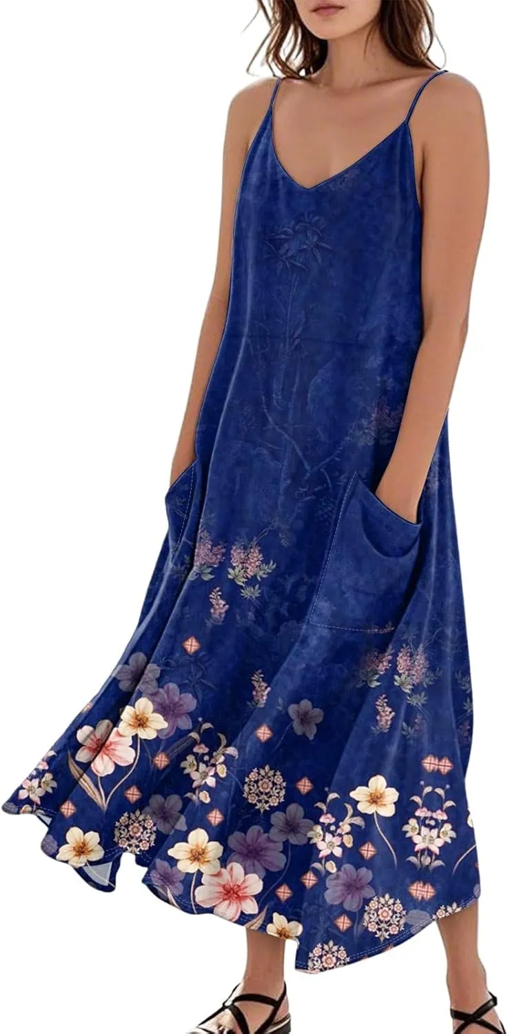 FlekmanArt Women's Summer Cotton Linen Long Maxi Dress Spaghetti Strap Sleeveless Casual Party Beach Dresses with Pockets