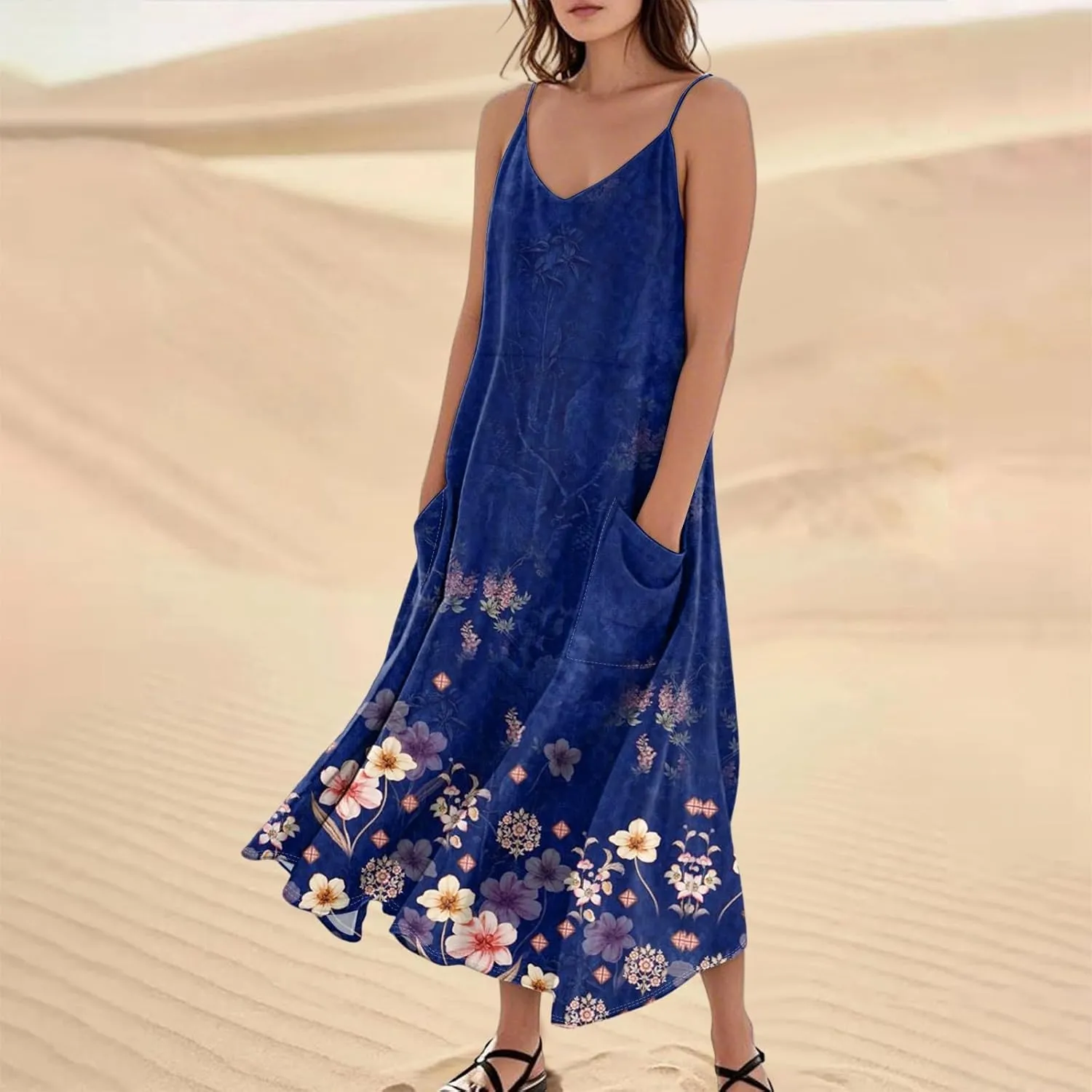 FlekmanArt Women's Summer Cotton Linen Long Maxi Dress Spaghetti Strap Sleeveless Casual Party Beach Dresses with Pockets