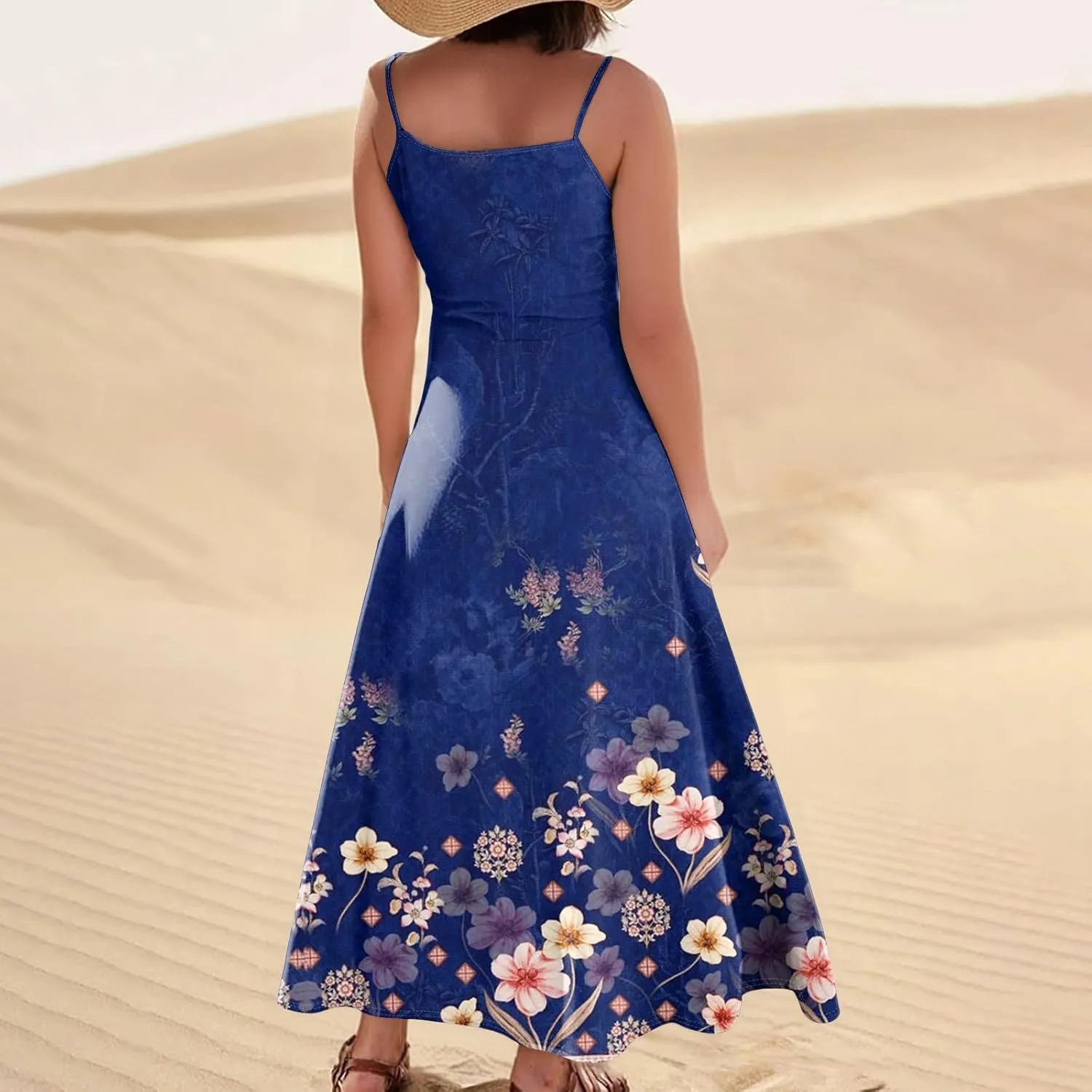 FlekmanArt Women's Summer Cotton Linen Long Maxi Dress Spaghetti Strap Sleeveless Casual Party Beach Dresses with Pockets