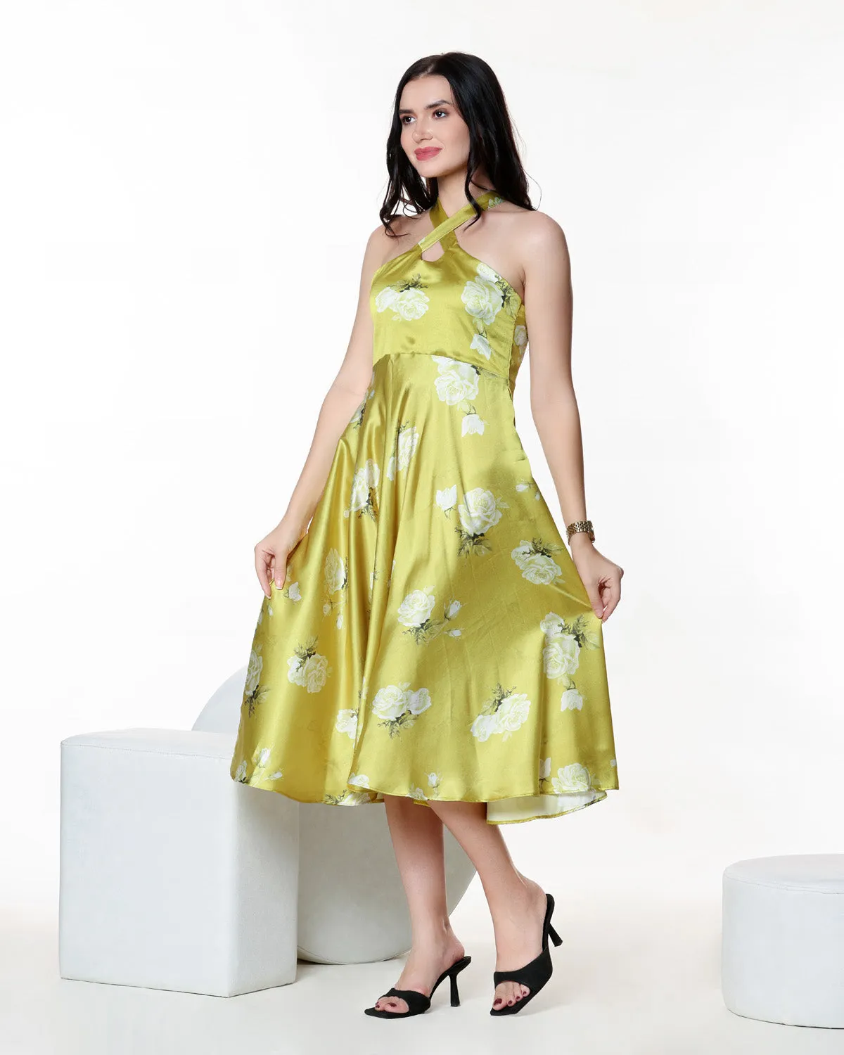 Floral Print Satin Midi Dress