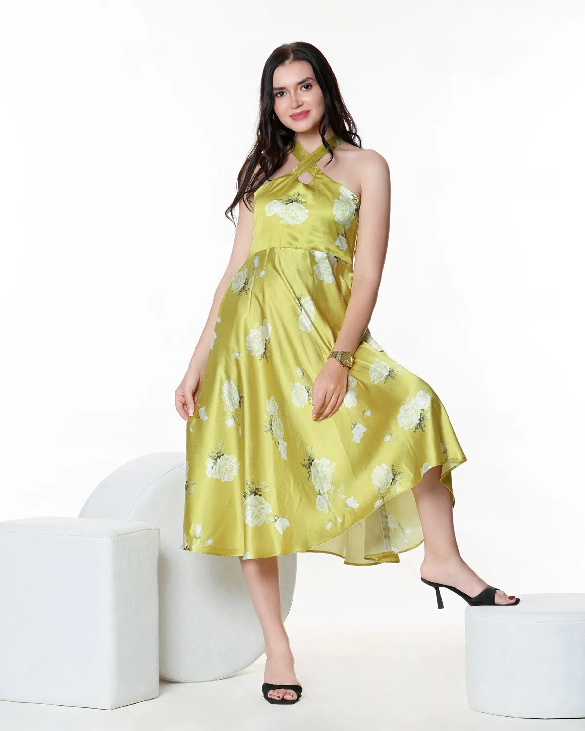 Floral Print Satin Midi Dress