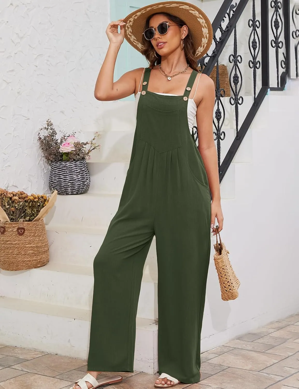 Flygo Overalls for Women Loose Fit Cotton Linen Bib Overalls Wide Leg Jumpsuits Casual 2025 Summer Rompers