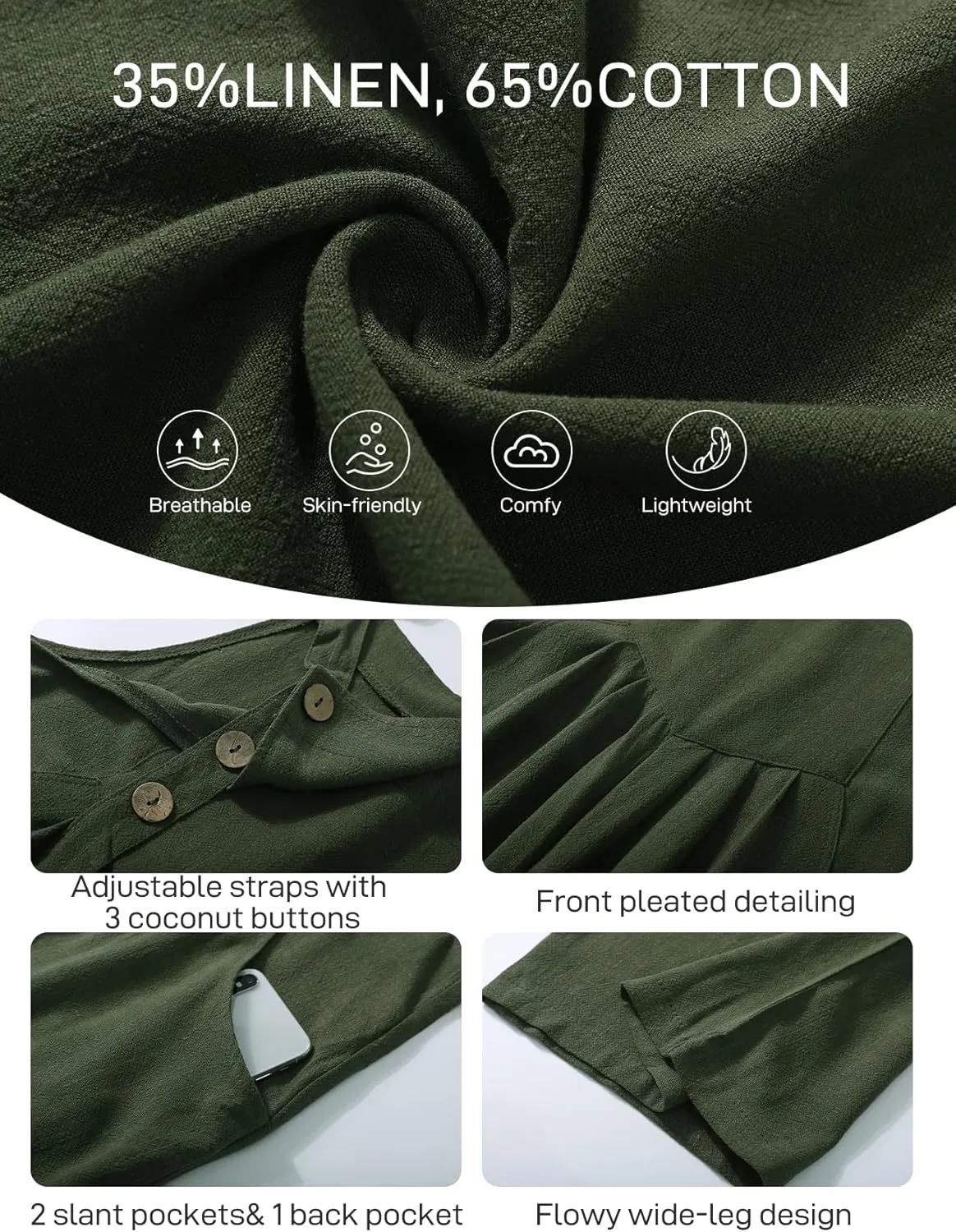 Flygo Overalls for Women Loose Fit Cotton Linen Bib Overalls Wide Leg Jumpsuits Casual 2025 Summer Rompers