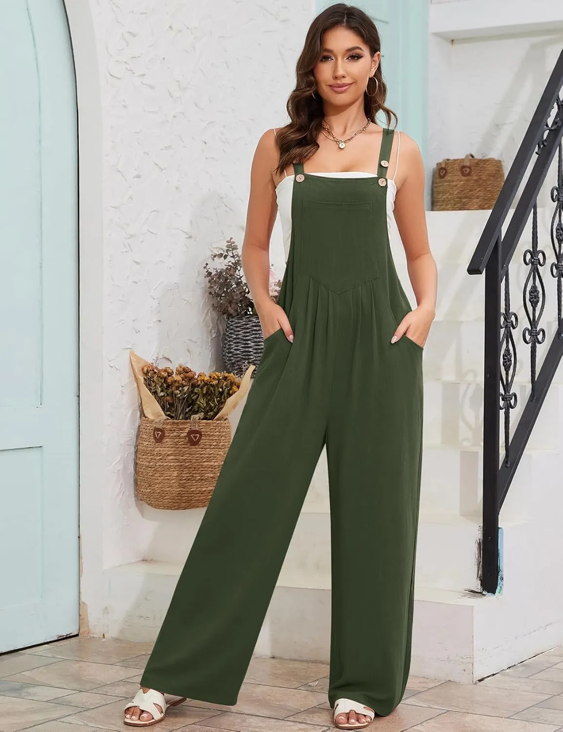 Flygo Overalls for Women Loose Fit Cotton Linen Bib Overalls Wide Leg Jumpsuits Casual 2025 Summer Rompers
