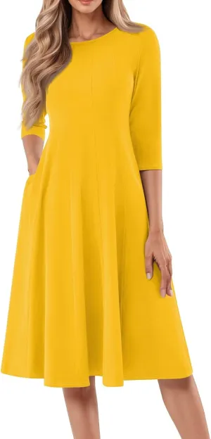 Formal Dresses for Women Casual Summer Spring 3/4 Sleeve Pleated A Line Midi Dresses for