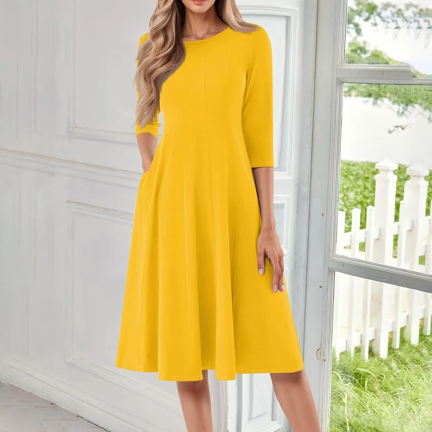 Formal Dresses for Women Casual Summer Spring 3/4 Sleeve Pleated A Line Midi Dresses for