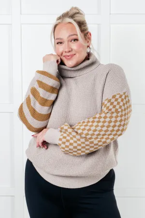 Game Plan Patterned Sleeve Waffle Knit Turtleneck Sweater (Small to 3XL)