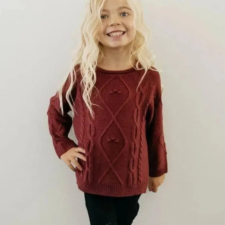 Girls Elizabeth Maroon Cable Knit Long Sleeve Sweater - KID’S SALE
