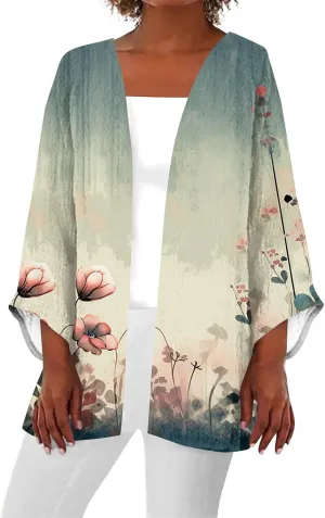 Hawaiian Boho Lightweight Jackets for Women Floral Print Puff Sleeve Kimono Cardigan Loose Cover Up Casual Blouse Top