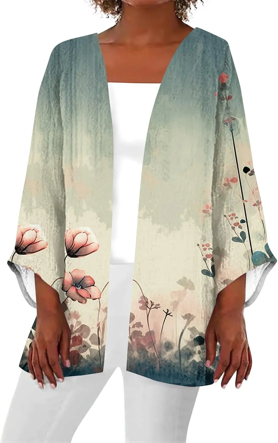 Hawaiian Boho Lightweight Jackets for Women Floral Print Puff Sleeve Kimono Cardigan Loose Cover Up Casual Blouse Top