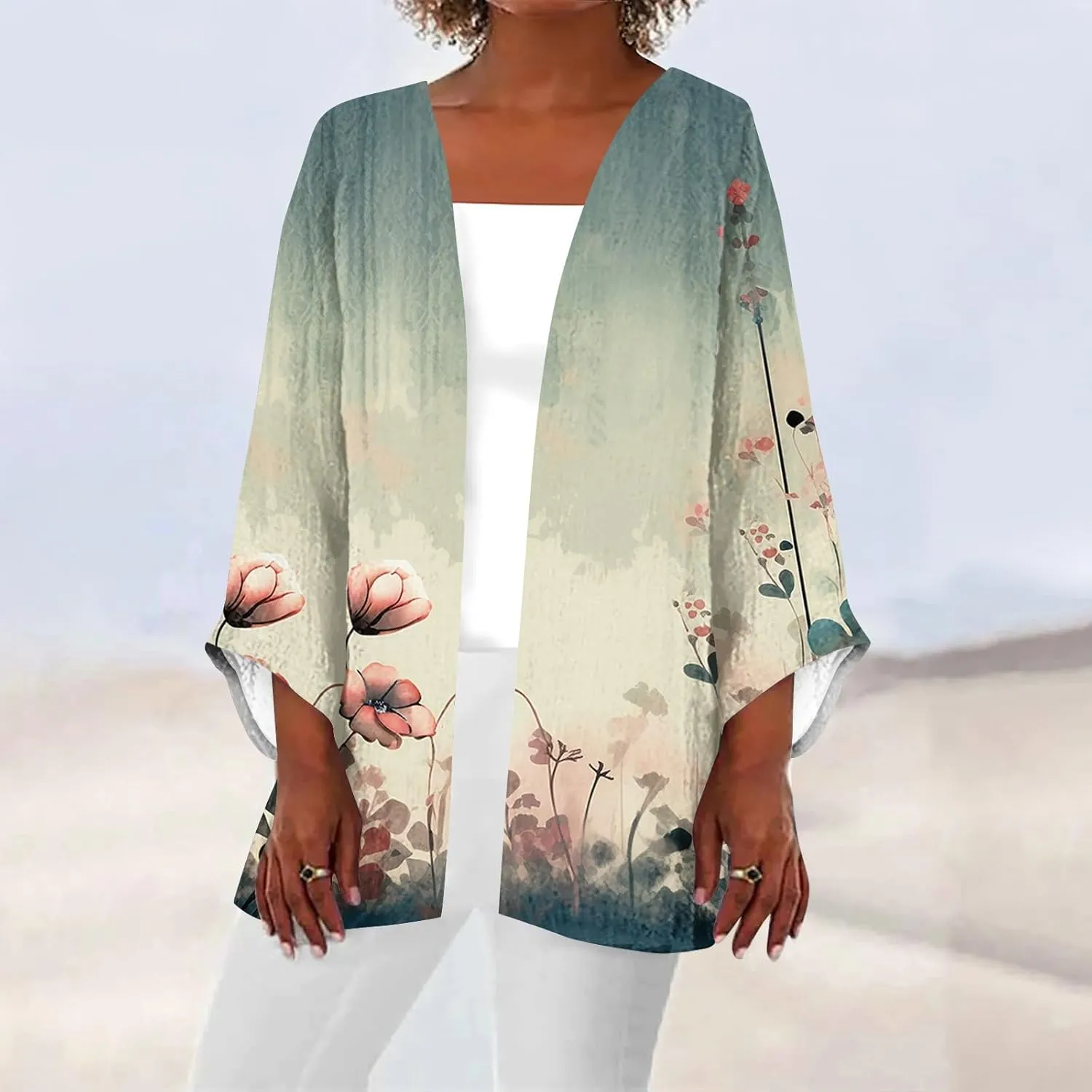 Hawaiian Boho Lightweight Jackets for Women Floral Print Puff Sleeve Kimono Cardigan Loose Cover Up Casual Blouse Top