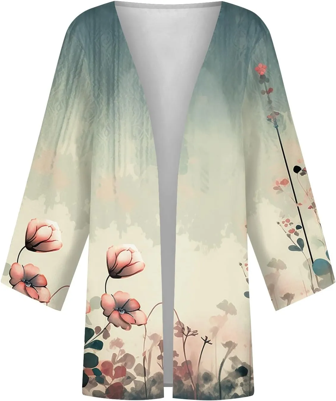 Hawaiian Boho Lightweight Jackets for Women Floral Print Puff Sleeve Kimono Cardigan Loose Cover Up Casual Blouse Top