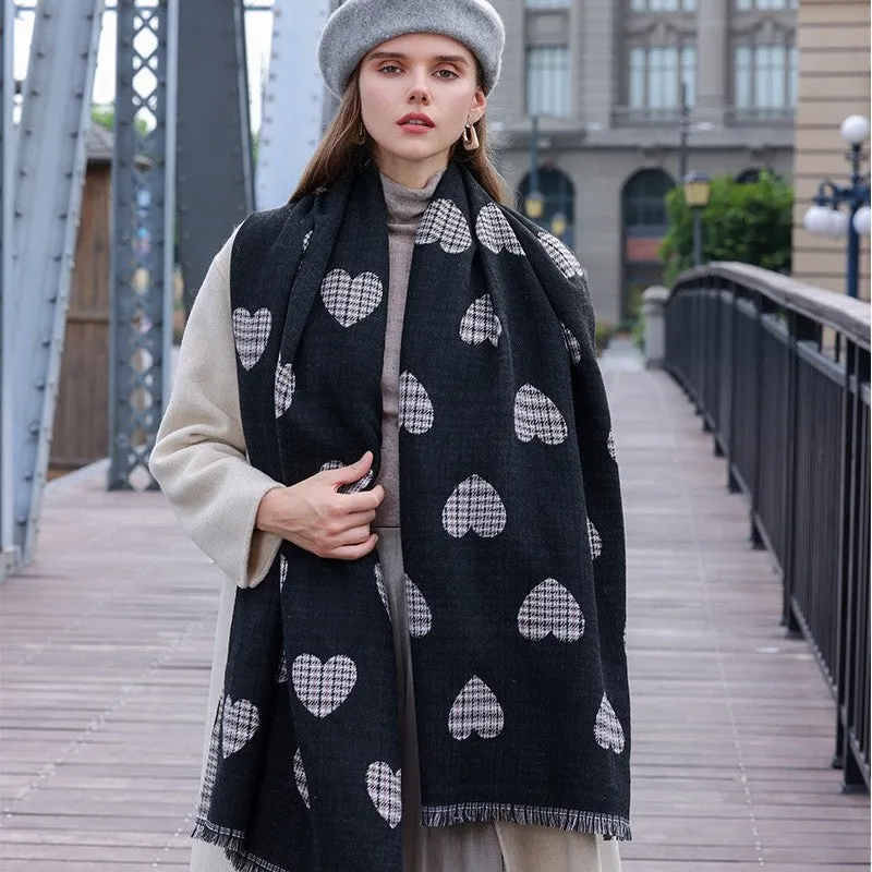 Heart Printed Plaid Tasseled Thick Warm Shawl Scarf