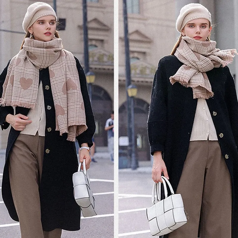 Heart Printed Plaid Tasseled Thick Warm Shawl Scarf