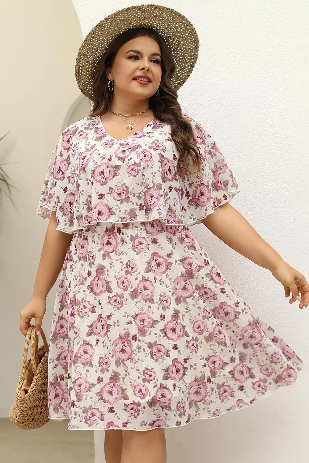 Keluummi Plus Size Summer Wedding Guest Dresses for Curvy Women, Casual Boho Floral Chiffon Midi Dresses with Empire Waist