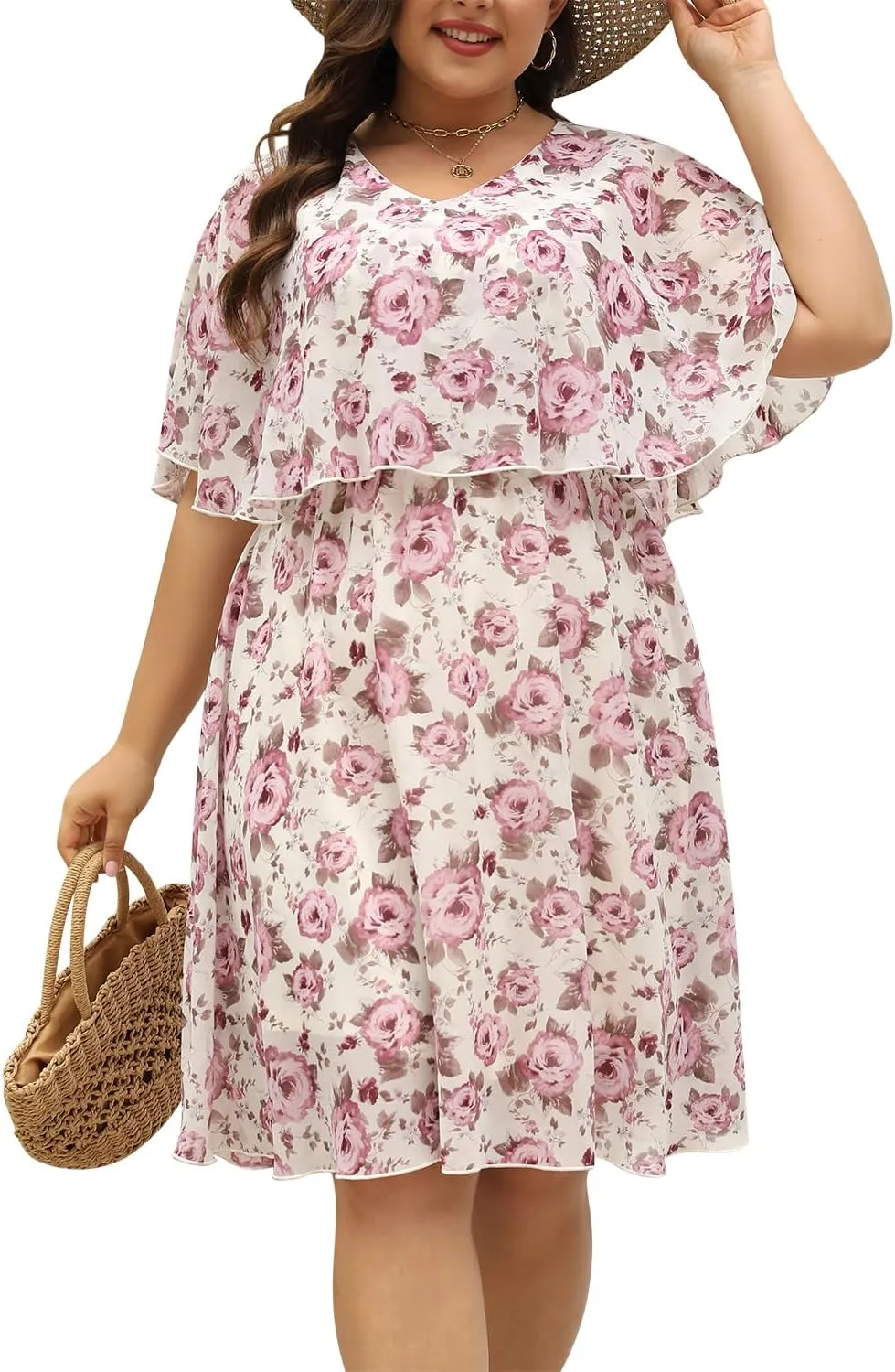 Keluummi Plus Size Summer Wedding Guest Dresses for Curvy Women, Casual Boho Floral Chiffon Midi Dresses with Empire Waist