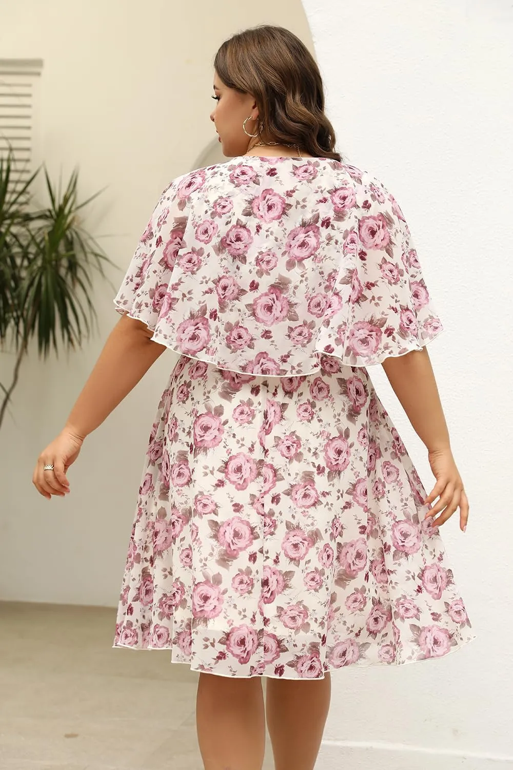 Keluummi Plus Size Summer Wedding Guest Dresses for Curvy Women, Casual Boho Floral Chiffon Midi Dresses with Empire Waist