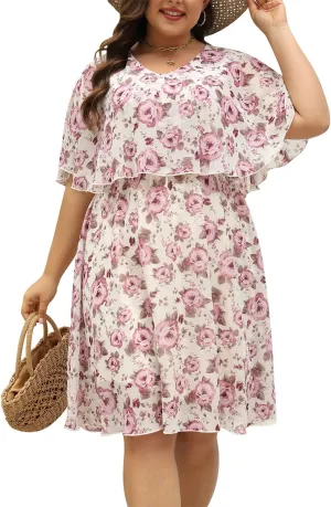 Keluummi Plus Size Summer Wedding Guest Dresses for Curvy Women, Casual Boho Floral Chiffon Midi Dresses with Empire Waist