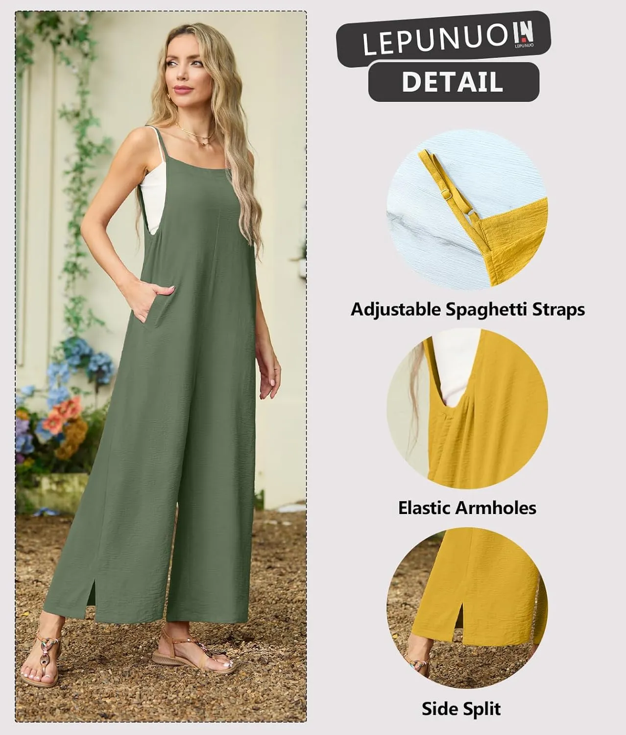 Lepunuo Womens Casual Loose Jumpsuits Summer Boho Wide Leg Rompers Sleeveless Overalls with Pockets