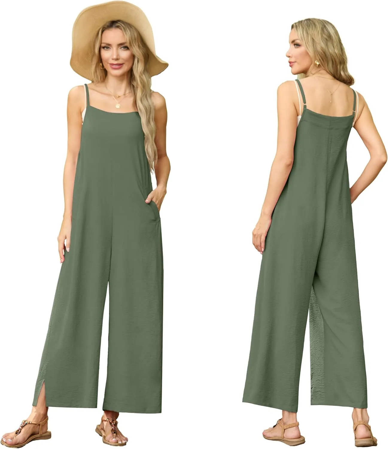 Lepunuo Womens Casual Loose Jumpsuits Summer Boho Wide Leg Rompers Sleeveless Overalls with Pockets