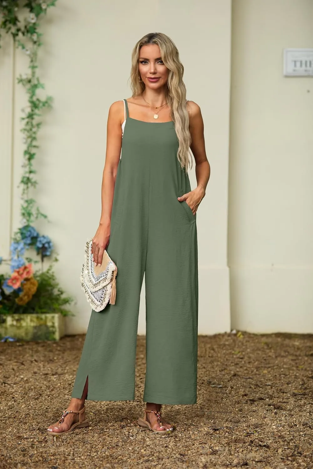 Lepunuo Womens Casual Loose Jumpsuits Summer Boho Wide Leg Rompers Sleeveless Overalls with Pockets