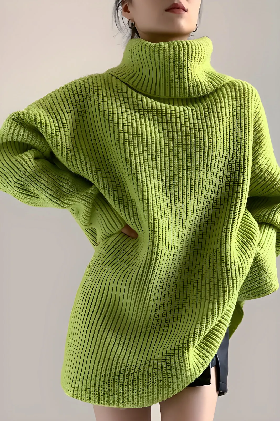 Loose Green Wool Knitted Turtle Neck Pull Over Sweater