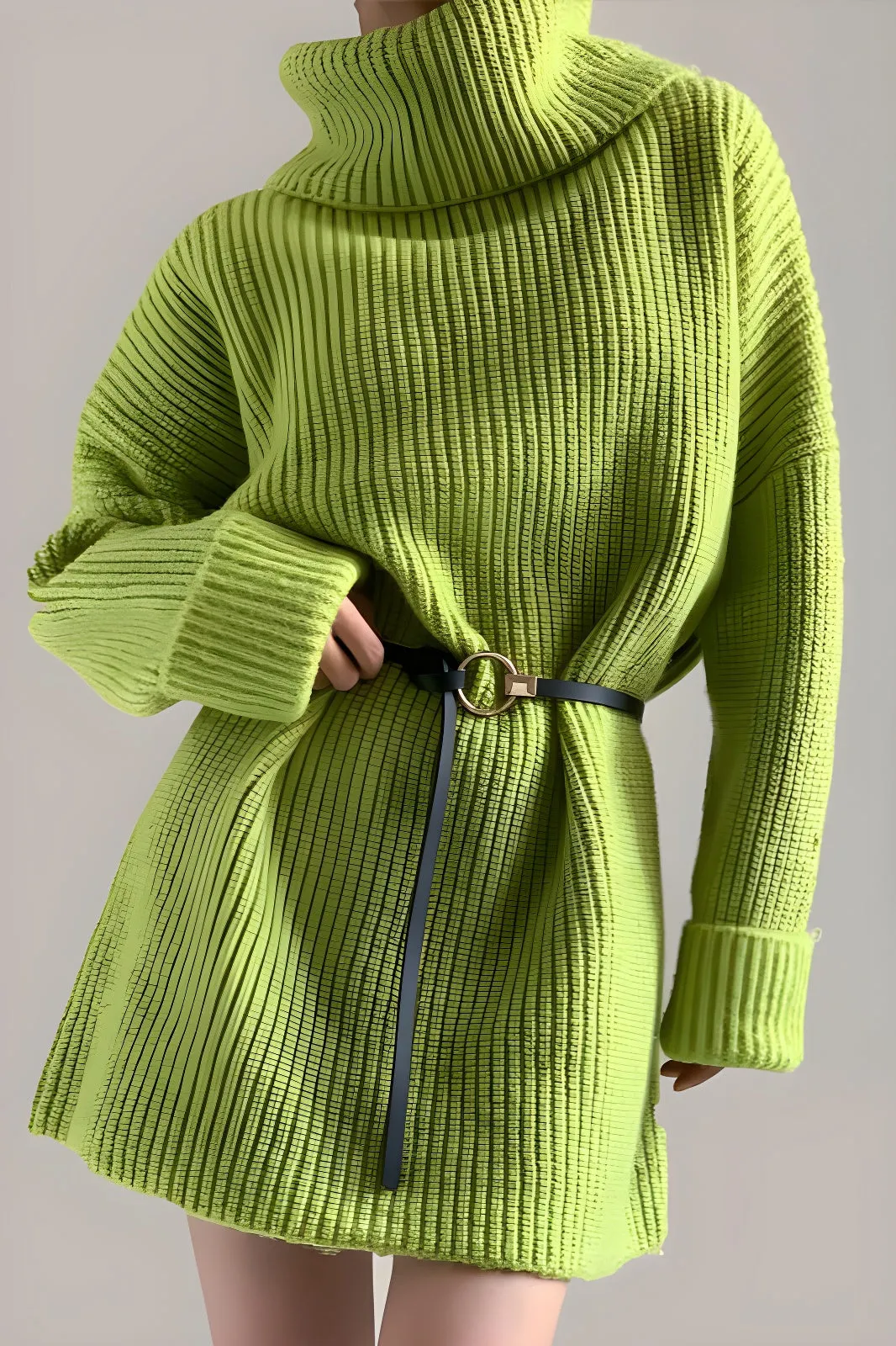 Loose Green Wool Knitted Turtle Neck Pull Over Sweater