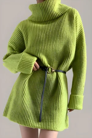 Loose Green Wool Knitted Turtle Neck Pull Over Sweater