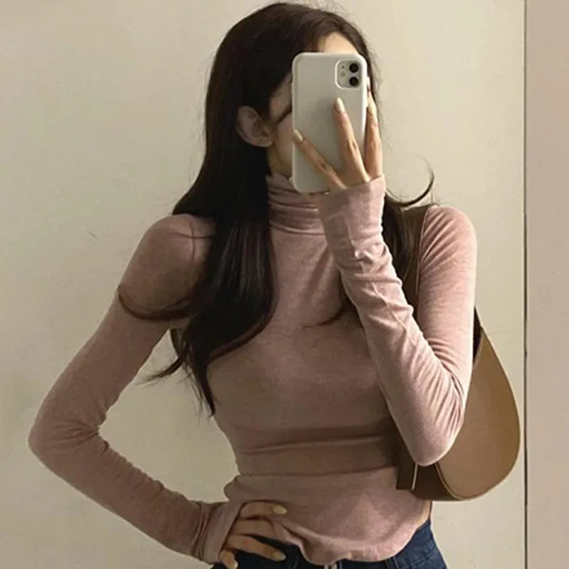 LVSANW Autumn Winter Korean Solid Color Long-sleeved Turtleneck Thermal T-shirt For Women