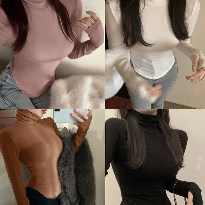 LVSANW Autumn Winter Korean Solid Color Long-sleeved Turtleneck Thermal T-shirt For Women