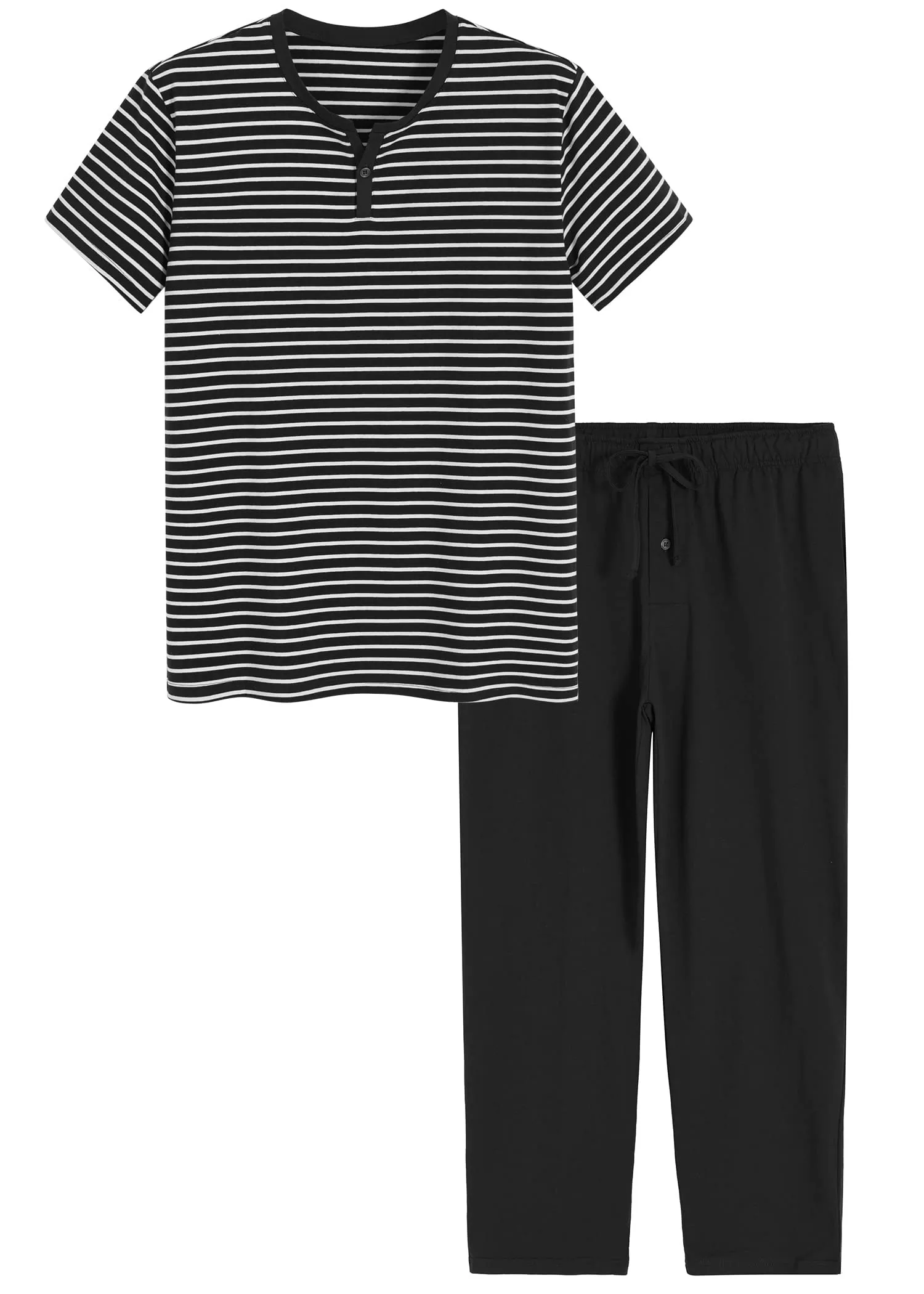 Men's Cotton Pajamas Set Striped Top Sleep Pants with Pockets