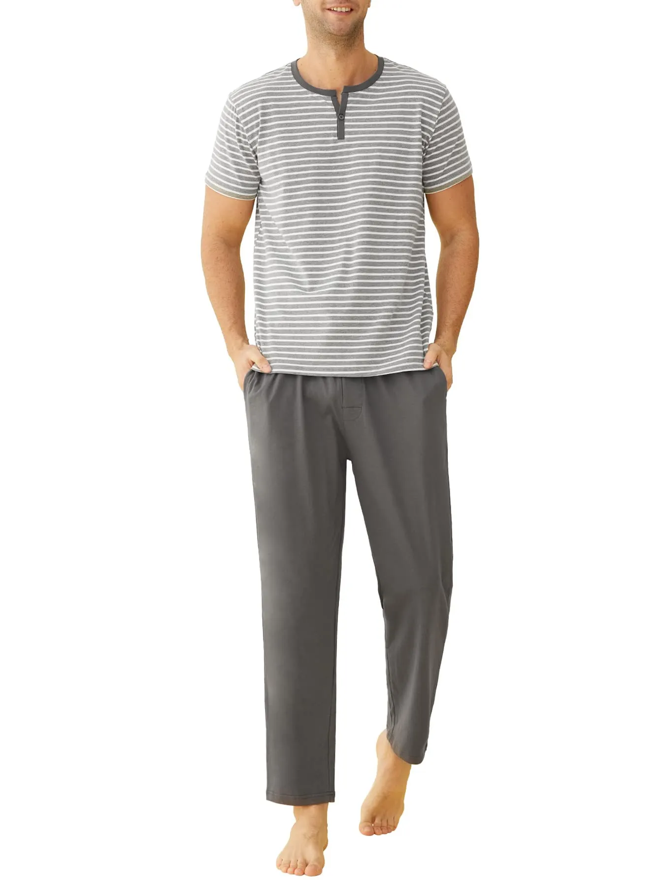Men's Cotton Pajamas Set Striped Top Sleep Pants with Pockets