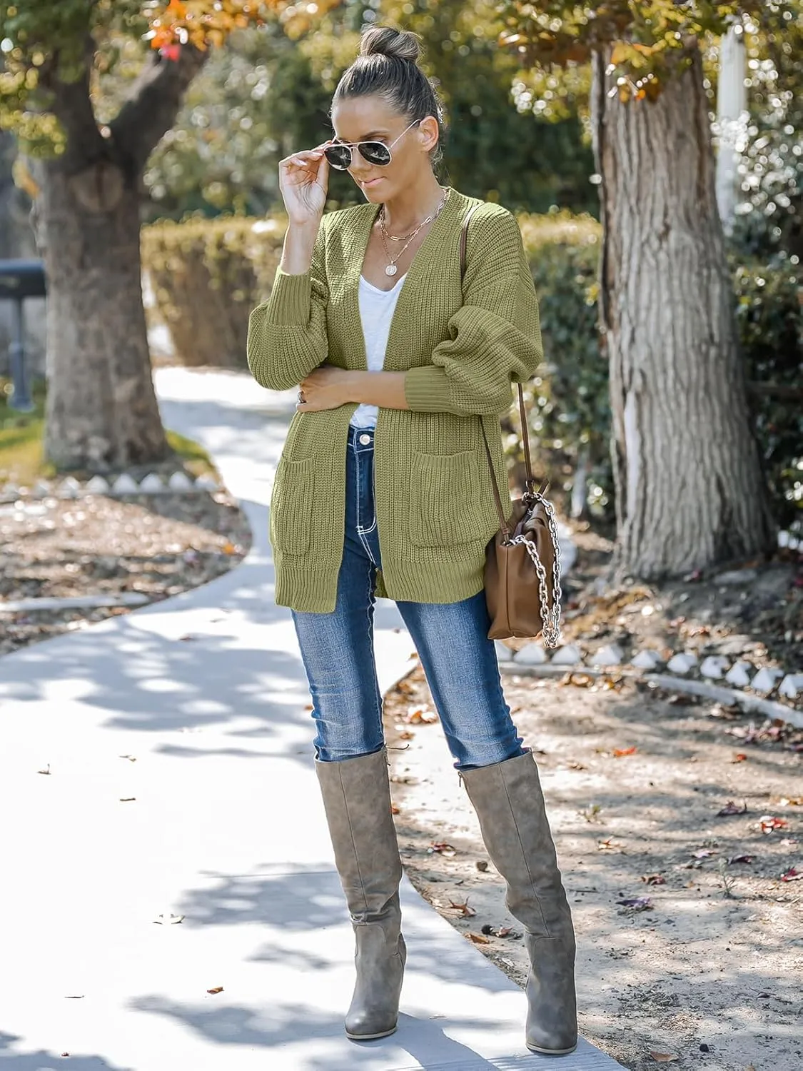 MEROKEETY Women's Fall Open Front Long Lantern Sleeve Cardigan Oversized Chunky Outwear with Pocket
