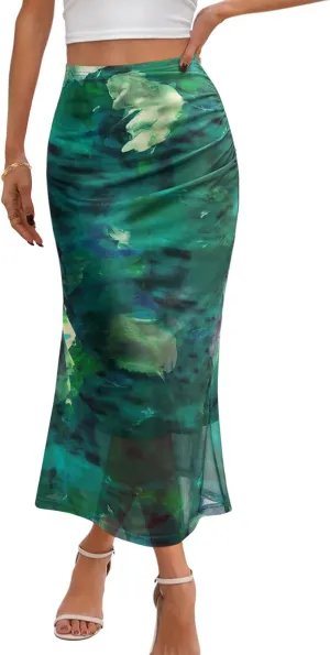 MEROKEETY Women's Summer Floral Mesh Midi Skirt 2025 Casual Trendy High Waist Ruched Boho Skirts