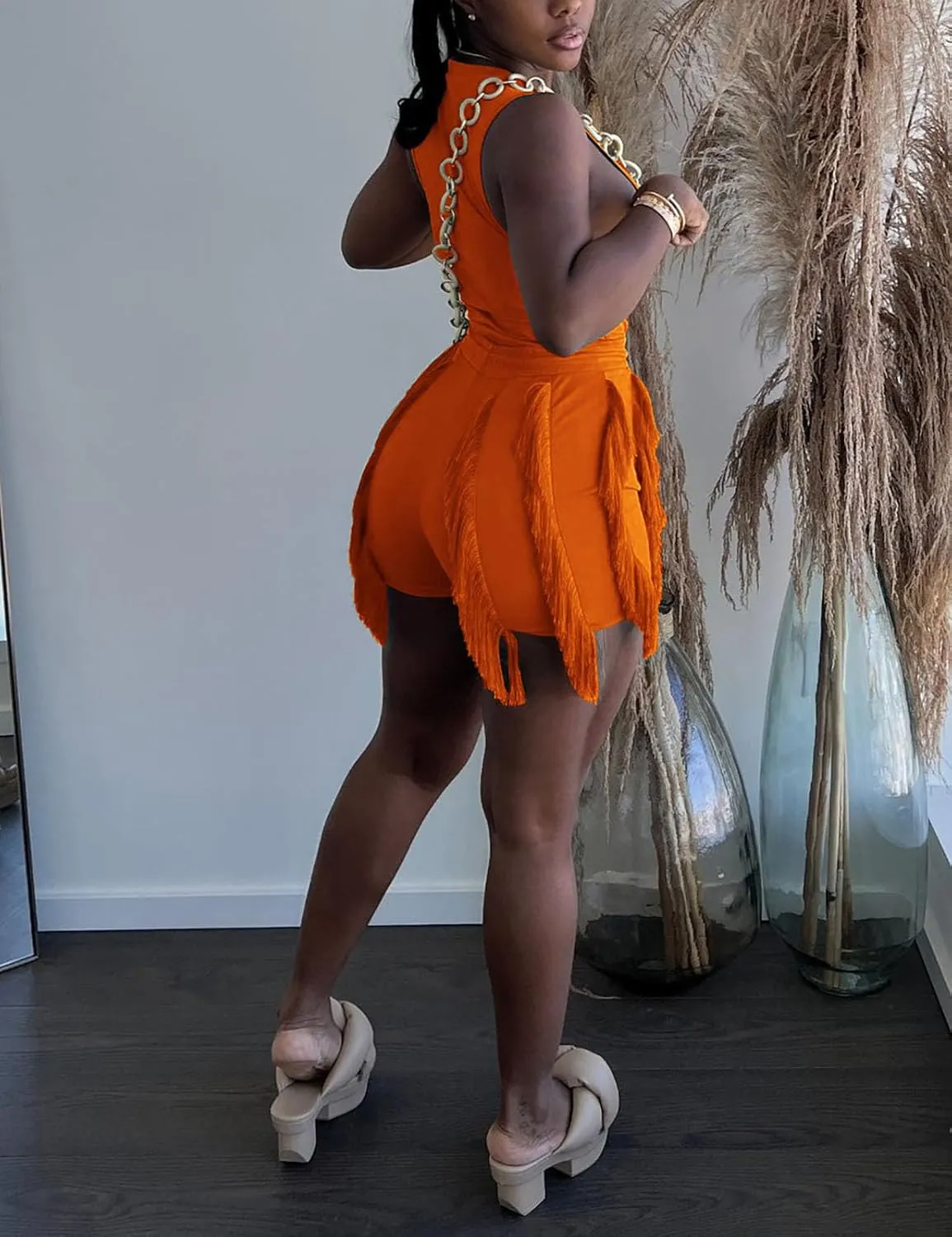 MESLIMA Short Sets for Women Sexy 2 Piece Outfits Solid Sleeveless Crop Tops Fringe Shorts Sets Party Jumpsuits