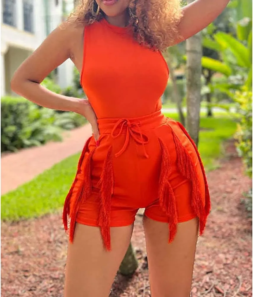 MESLIMA Short Sets for Women Sexy 2 Piece Outfits Solid Sleeveless Crop Tops Fringe Shorts Sets Party Jumpsuits