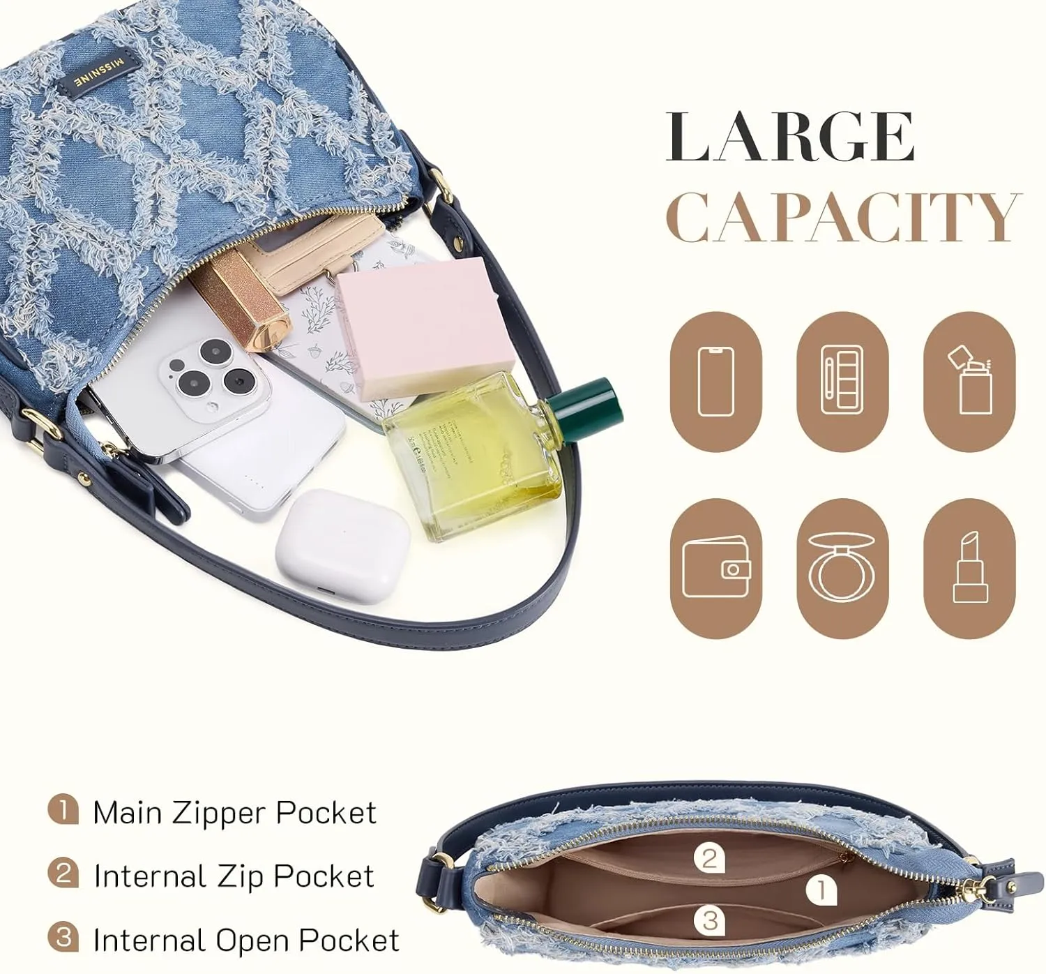 Missnine Shoulder Bag for Women Small Purse Trendy Clutch Hobo Bag Vegan Leather Mini Handbag with Zipper Closure