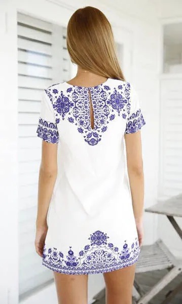 New Summer Cute Casual Pattern Blue Floral Mini Dress