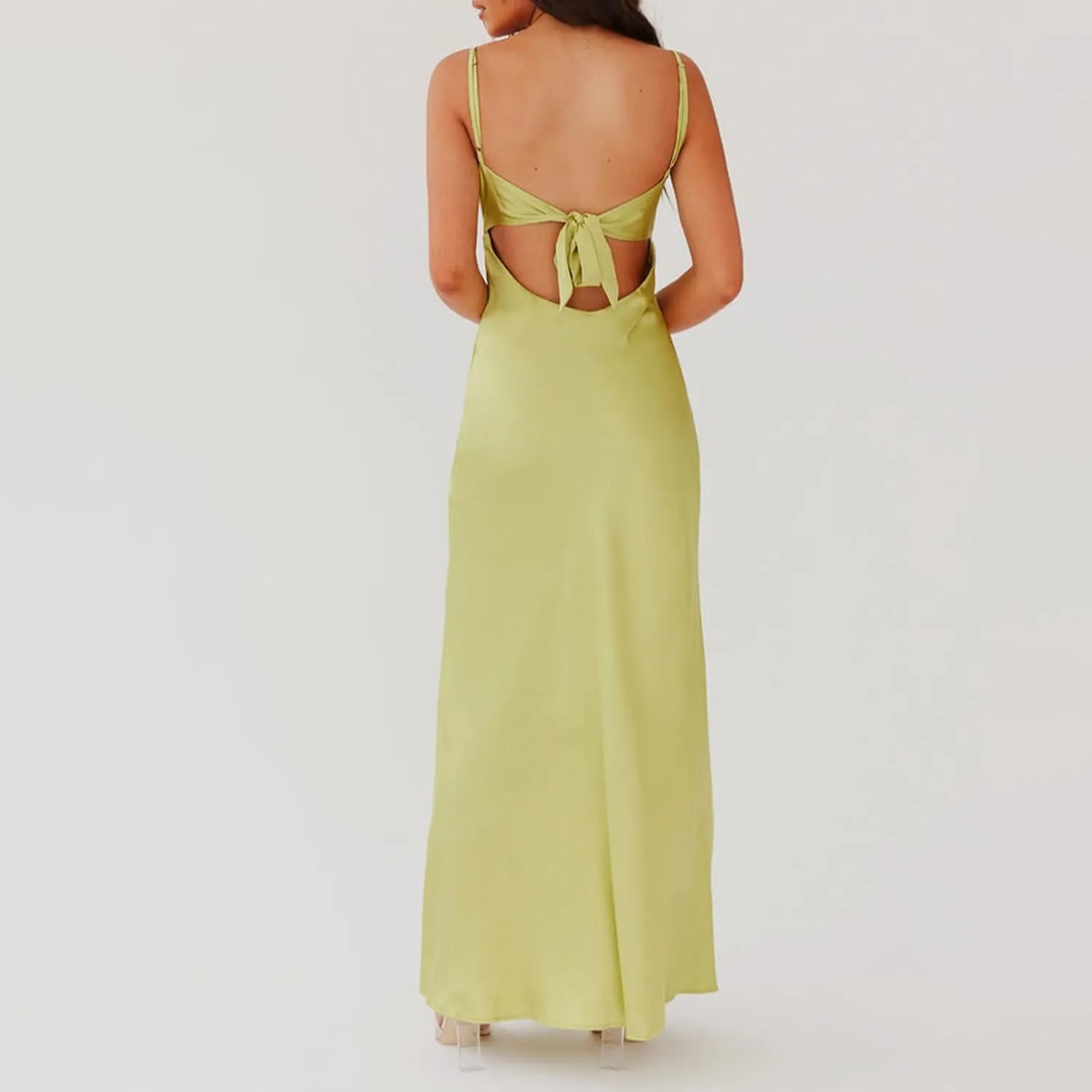 NUFIWI Women Spaghetti Strap Satin Maxi Dress V Neck Cutout Bodycon Long Dress Backless Party Cocktail Wedding Dress