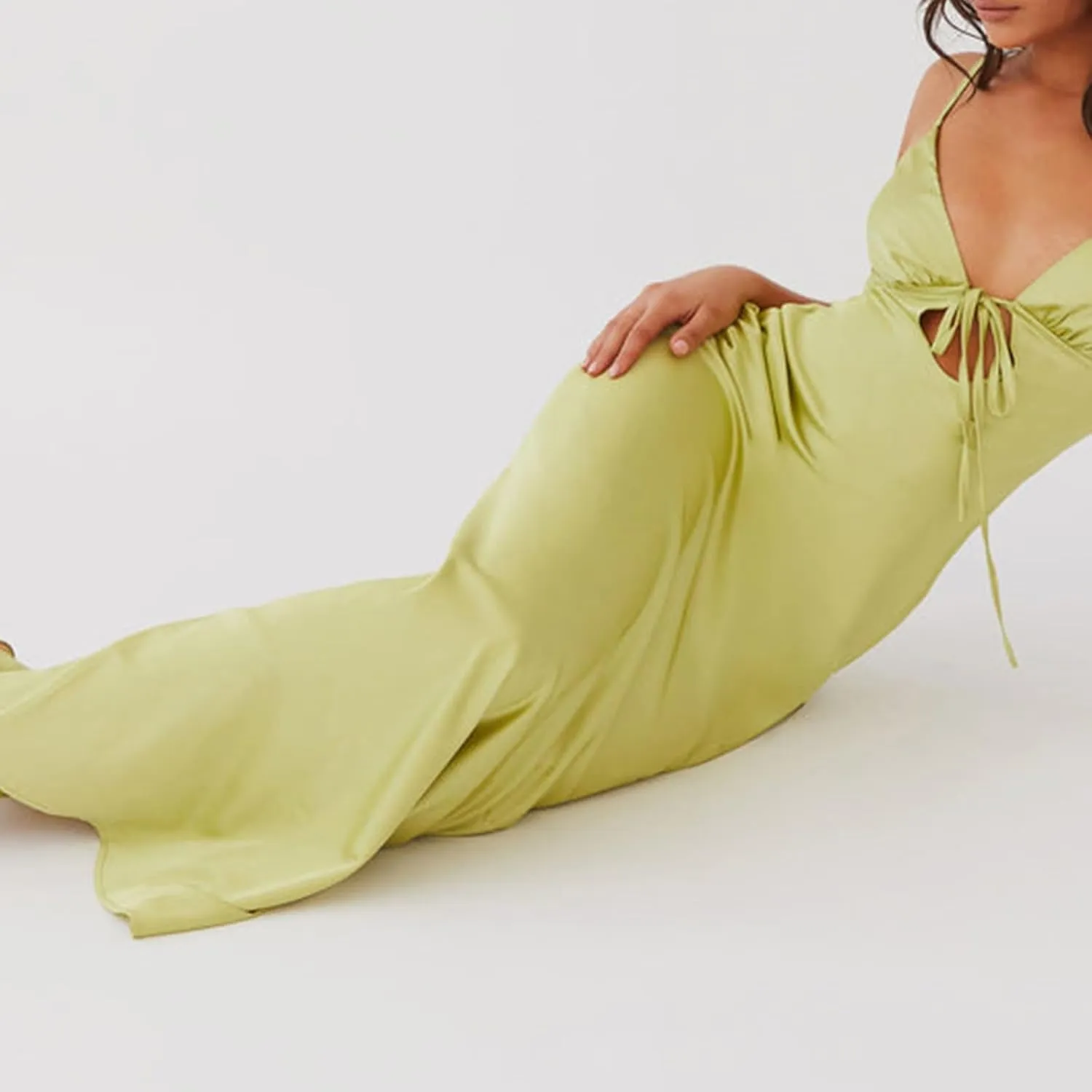 NUFIWI Women Spaghetti Strap Satin Maxi Dress V Neck Cutout Bodycon Long Dress Backless Party Cocktail Wedding Dress